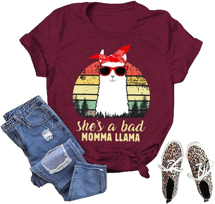 Funny Llama Mom Shirt Women She's A Bad Momma Llama T-Shirt