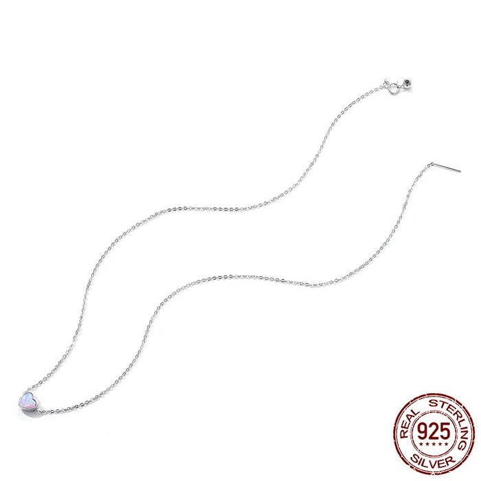 Genuine 925 Sterling Silver Opal Heart Pendant Necklace for Women Fine Jewelry Anniversary Gift