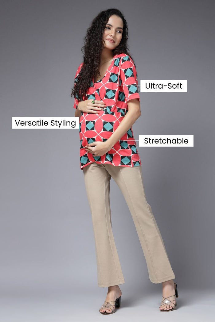 Geometric Grace Print; geometric print enhances the garment design.