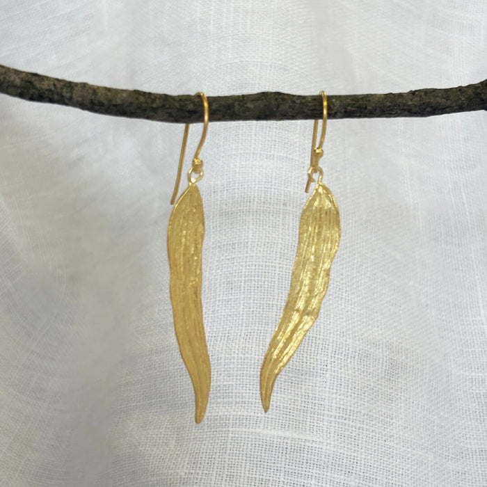 Handmade gold plated sterling silver leaf earrings with long textured botanical design – lightweight artisan gold jewelry gift for women