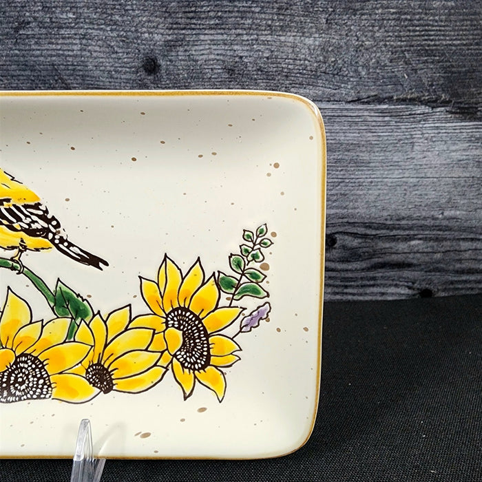 Goldfinch Sunflower Serving Plate 10" Platter Blue Sky Tray Ceramic Embossed