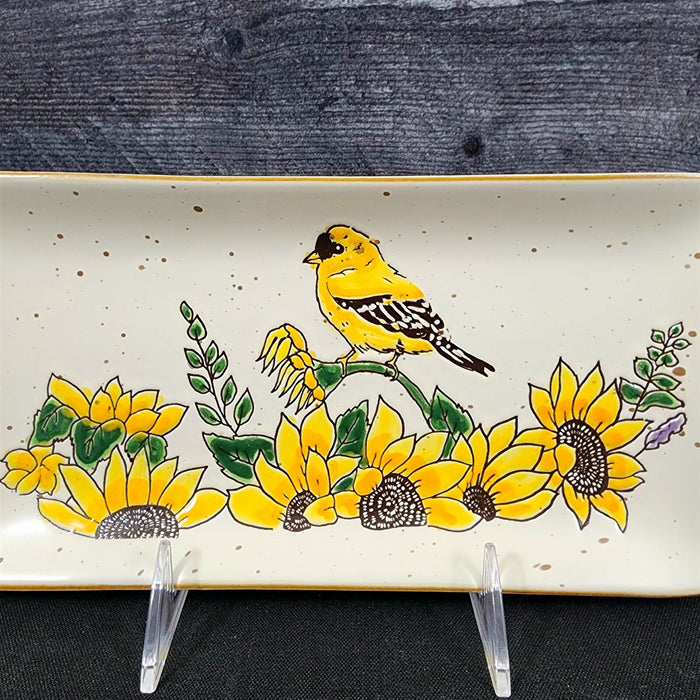 Goldfinch Sunflower Serving Plate 10" Platter Blue Sky Tray Ceramic Embossed