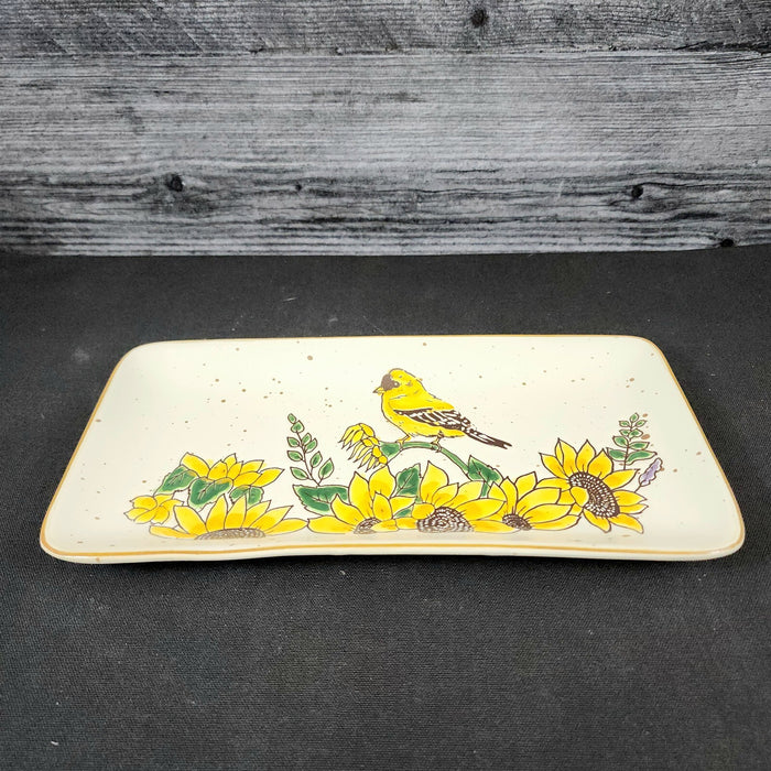 Goldfinch Sunflower Serving Plate 10" Platter Blue Sky Tray Ceramic Embossed