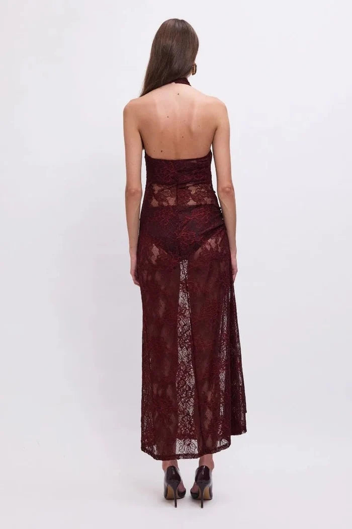 Gordana Sheer Lace Halter - Neck Maxi Dress with Built in Bralette in Bordeaux - SODA Fashion Haus