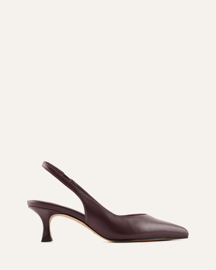 Brown leather slingback shoe on a white background