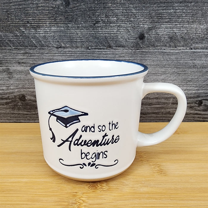 Graduation Saying Coffee Mug Embossed Ceramic Tea Cup Blue Sky Spectrum White