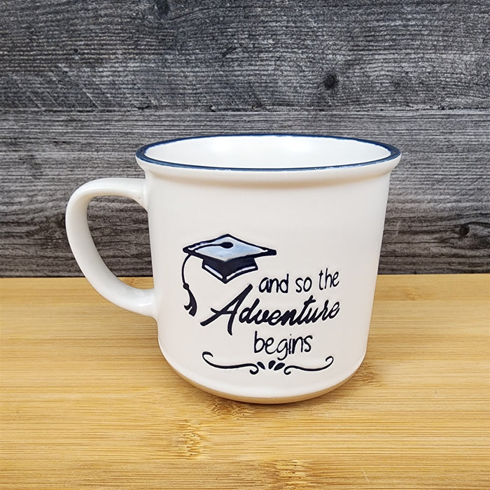 Graduation Saying Coffee Mug Embossed Ceramic Tea Cup Blue Sky Spectrum White