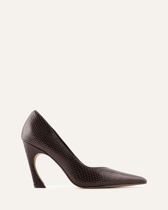 Black high-heeled shoe with a pointed toe on a white background