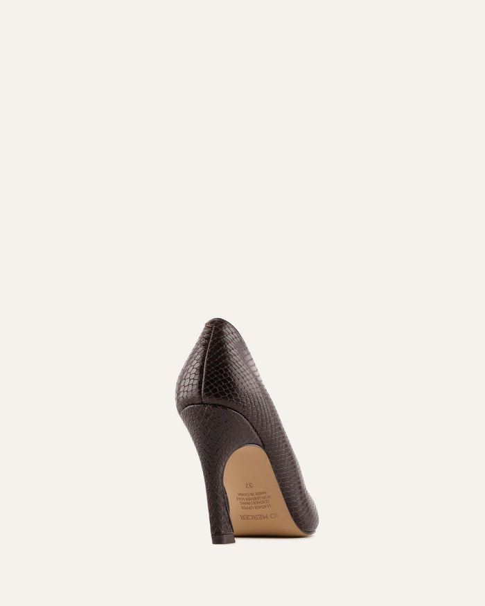 Brown high-heeled shoe on a white background