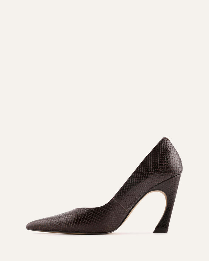 Black high-heeled shoe on a white background