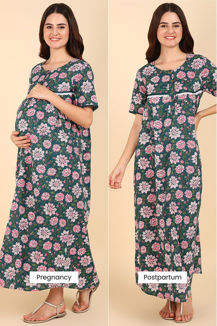 Maternity Green Floral Printed 100% Soft Cotton Zipless Maternity Maxi
