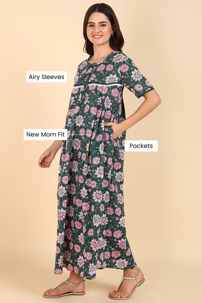 Pregnancy Green Floral Printed 100% Soft Cotton Zipless Maternity Maxi