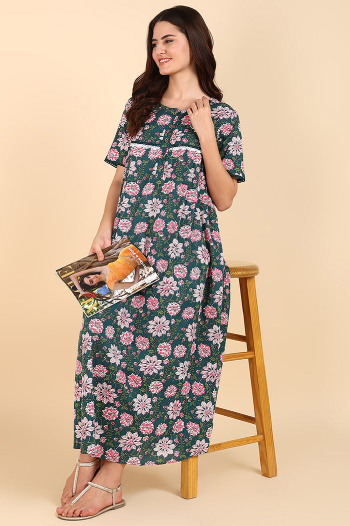 Green Floral Printed 100% Soft Cotton Zipless Maternity Maxi for Pregnancy