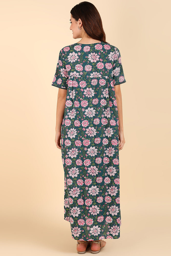 Maternity Pregnancy Green Floral Printed 100% Soft Cotton Zipless Maternity Maxi
