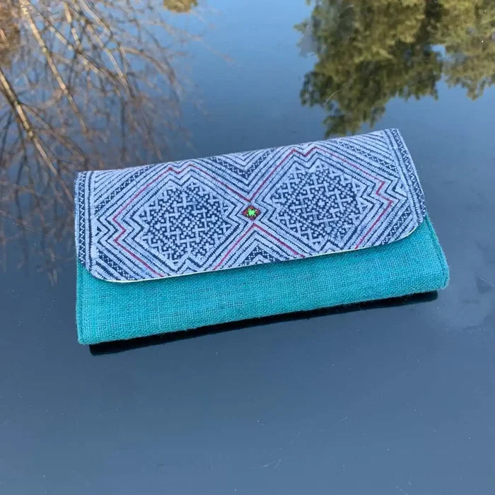 Vindigo long purse turquoise hemp with indigo batik magnetic button detail
