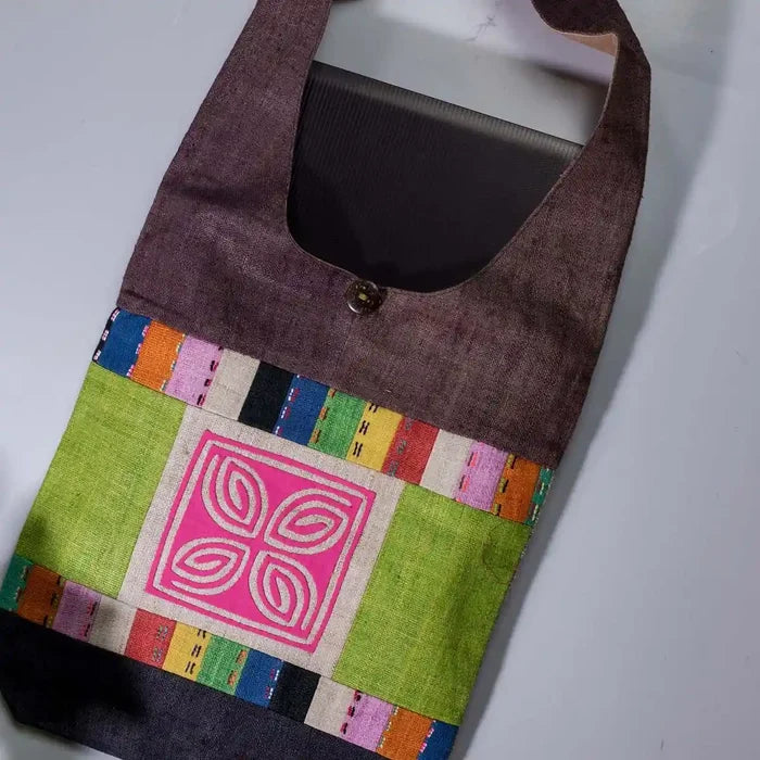 Vindigo shoulder bag brown hemp pink spiral embroidery front angle