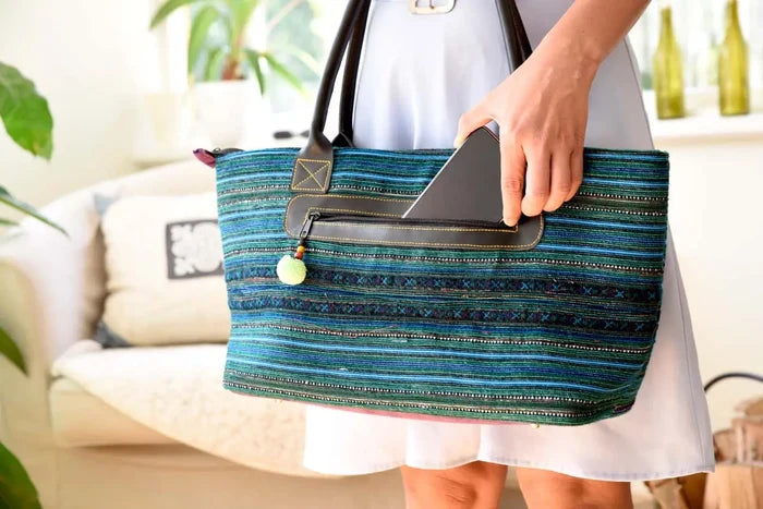 Blue purple hemp tote with external pocket for easy access