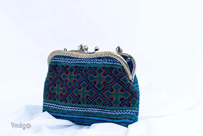 Vindigo handmade handbag side angle with indigo cross-stitch pattern