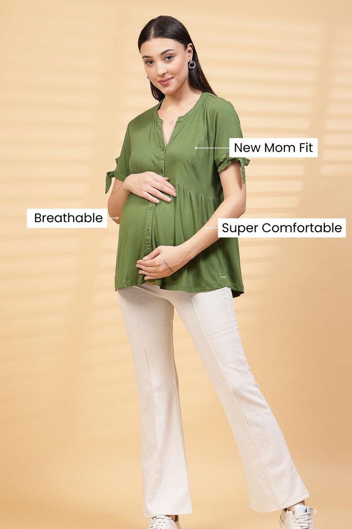 Green Solid Top button placket; button detail adds style to the top design.