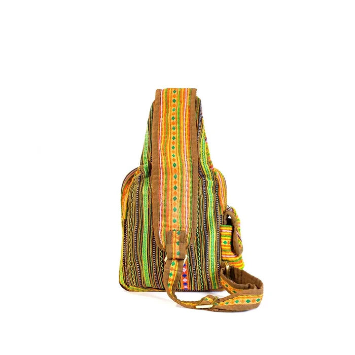Vindigo tribal hemp sling bag photographed from side profile