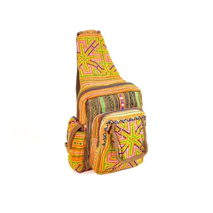 Vindigo handmade hemp tribal sling bag upright front view