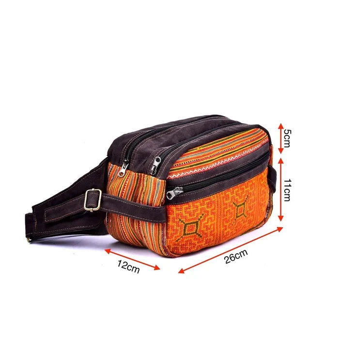 Vindigo orange suede waist bag front view with H’mong embroidery and size guide