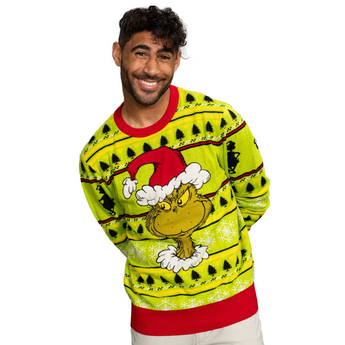 Grinch Head Santa Hat Wreath Sweater - TVStoreOnline