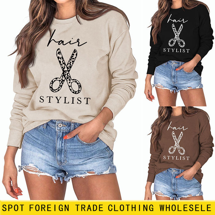 Hair Stylist Scissors Letter Print Bottoming Long Sleeve Round Neck Sweatshirt