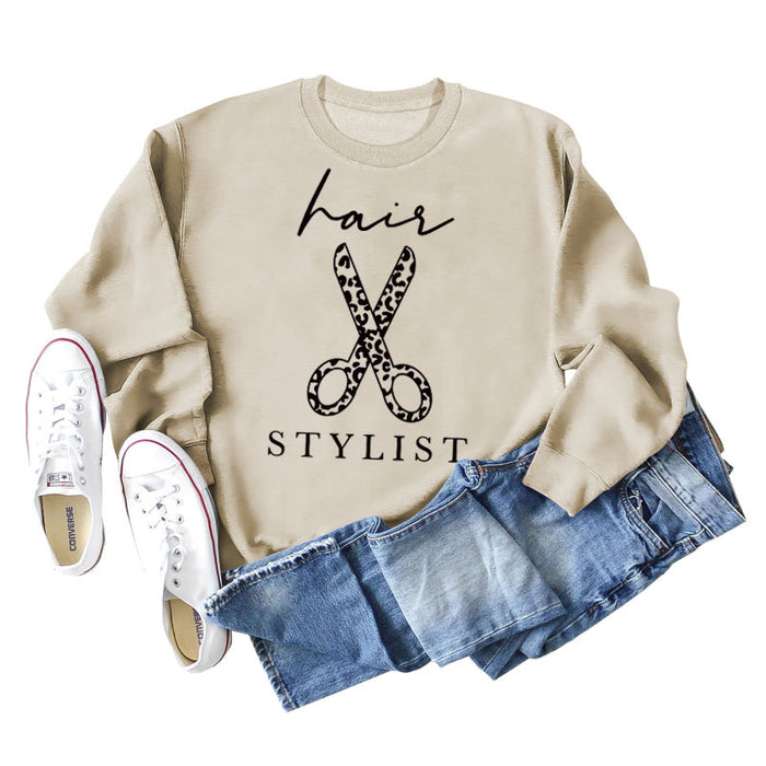 Hair Stylist Scissors Letter Print Bottoming Long Sleeve Round Neck Sweatshirt