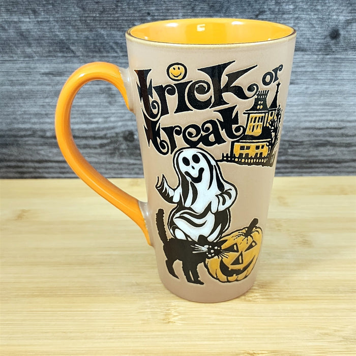 Halloween Coffee Mug Orange Black Trick or Treat Ghosts Tea Cup 17oz Blue Sky