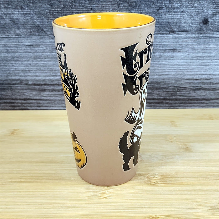 Halloween Coffee Mug Orange Black Trick or Treat Ghosts Tea Cup 17oz Blue Sky