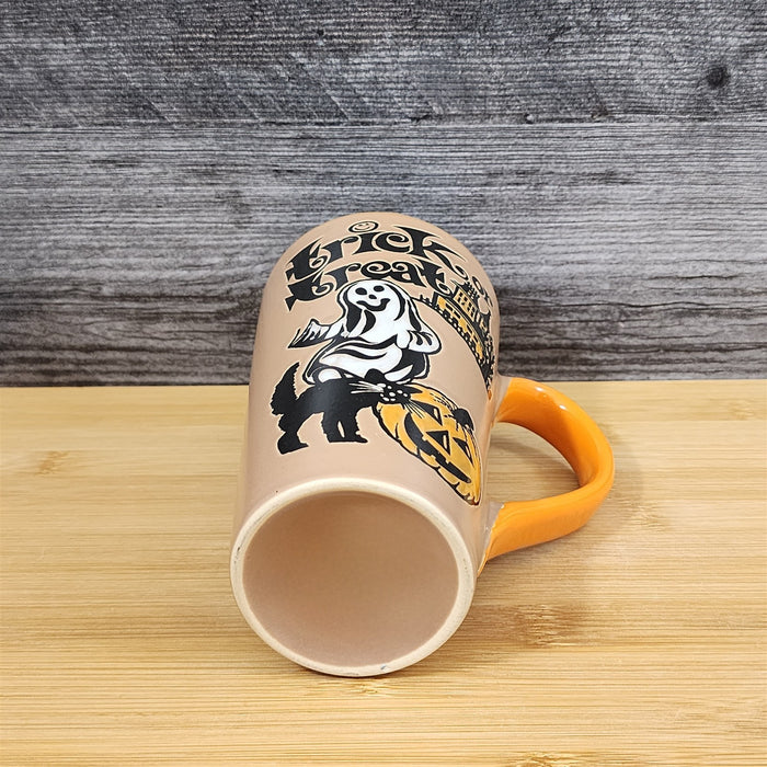 Halloween Coffee Mug Orange Black Trick or Treat Ghosts Tea Cup 17oz Blue Sky
