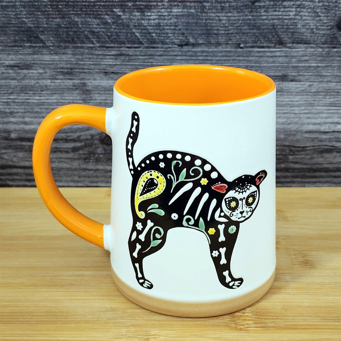 Halloween Day of the Dead Whimsical Cat Coffee Mug Orange Ceramic Cup Blue Sky