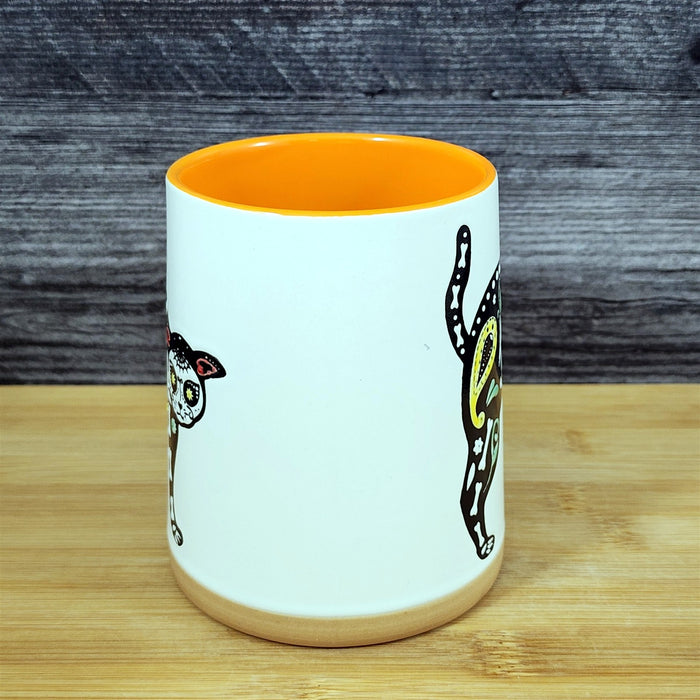 Halloween Day of the Dead Whimsical Cat Coffee Mug Orange Ceramic Cup Blue Sky
