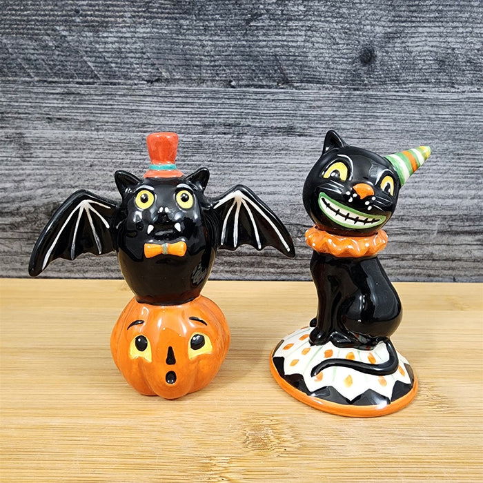 Halloween Salt Pepper Set Pumpkin Jack-o-Lantern Black Cat Bat Ceramic Blue Sky