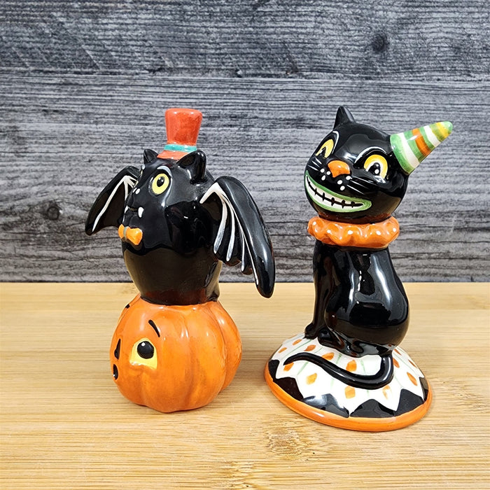 Halloween Salt Pepper Set Pumpkin Jack-o-Lantern Black Cat Bat Ceramic Blue Sky
