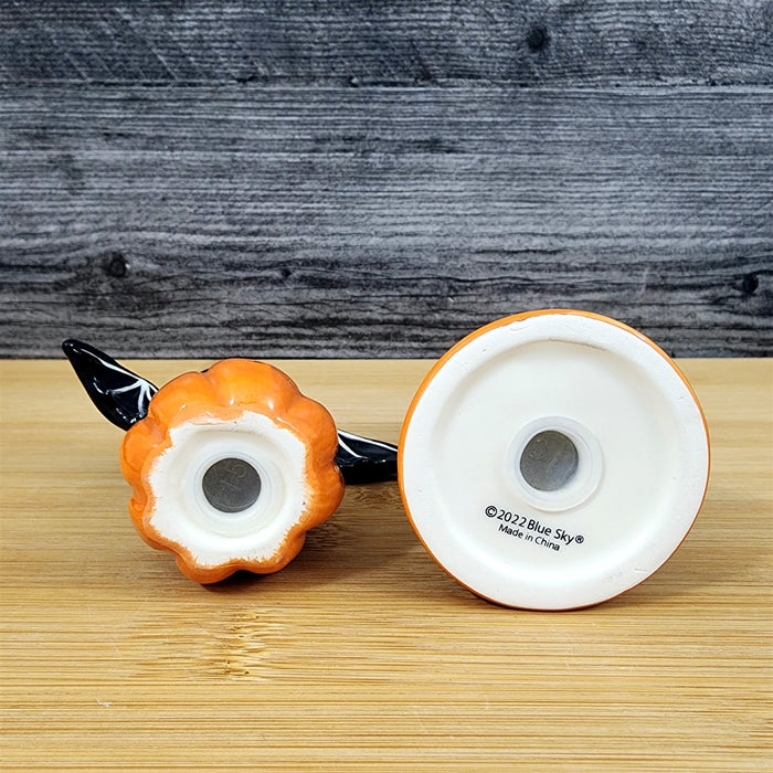 Halloween Salt Pepper Set Pumpkin Jack-o-Lantern Black Cat Bat Ceramic Blue Sky