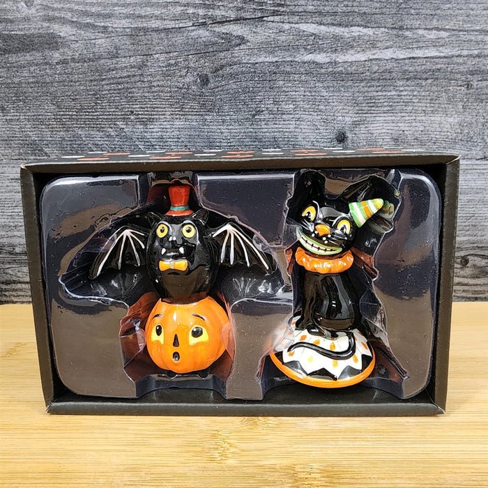 Halloween Salt Pepper Set Pumpkin Jack-o-Lantern Black Cat Bat Ceramic Blue Sky