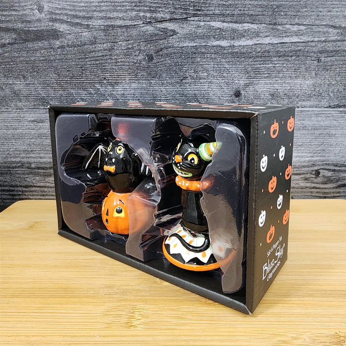Halloween Salt Pepper Set Pumpkin Jack-o-Lantern Black Cat Bat Ceramic Blue Sky