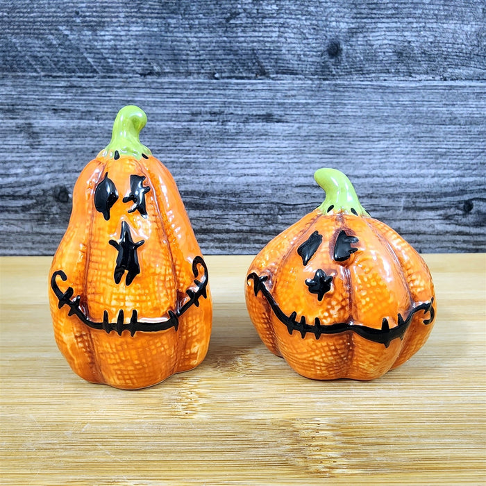 Halloween Salt Pepper Set Stitched Pumpkin Jack-o-Lanterns Fall Ceramic Blue Sky