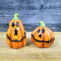 Halloween Salt Pepper Set Stitched Pumpkin Jack-o-Lanterns Fall Ceramic Blue Sky