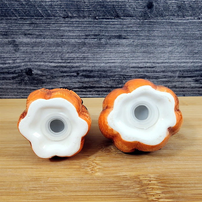 Halloween Salt Pepper Set Stitched Pumpkin Jack-o-Lanterns Fall Ceramic Blue Sky