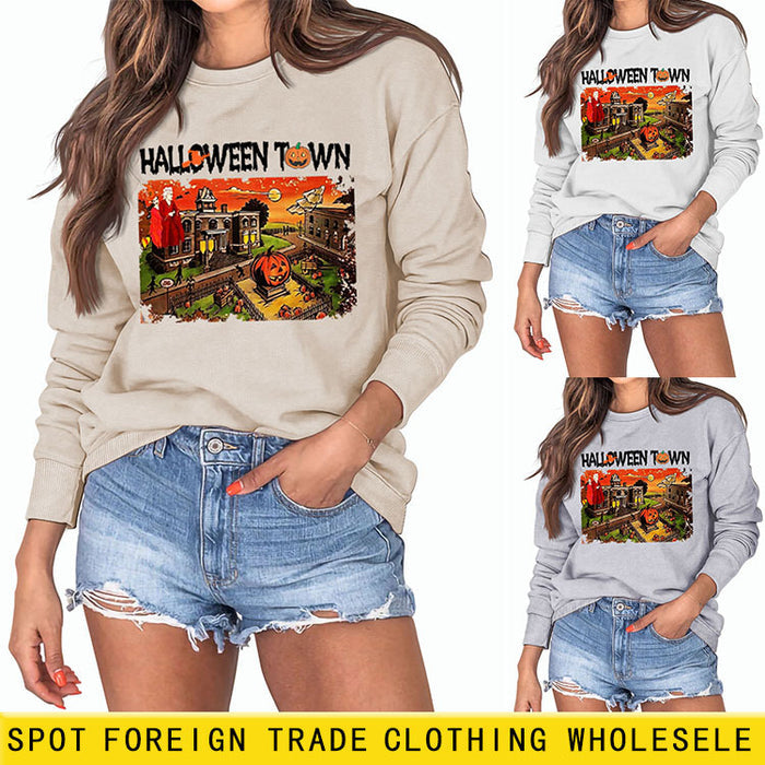 Halloween Town Letter Printed Women's Loose New Sweater Long Sleeve Shirt