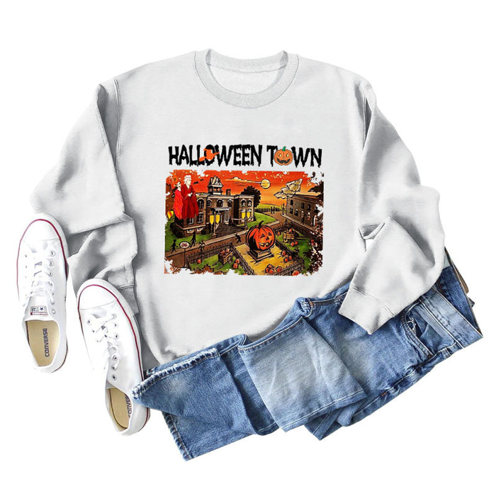 Halloween Town Letter Printed Women's Loose New Sweater Long Sleeve Shirt