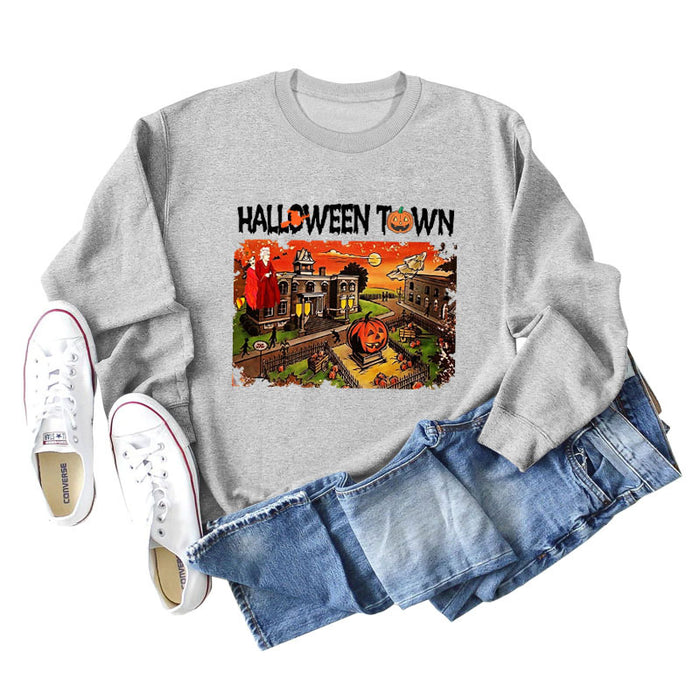Halloween Town Letter Printed Women's Loose New Sweater Long Sleeve Shirt