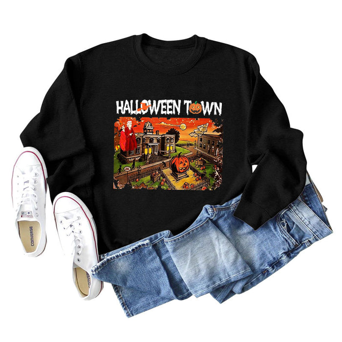 Halloween Town Letter Printed Women's Loose New Sweater Long Sleeve Shirt