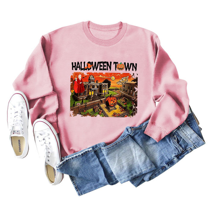 Halloween Town Letter Printed Women's Loose New Sweater Long Sleeve Shirt