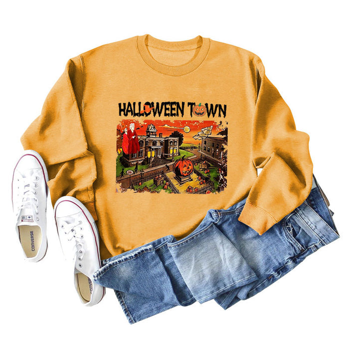 Halloween Town Letter Printed Women's Loose New Sweater Long Sleeve Shirt