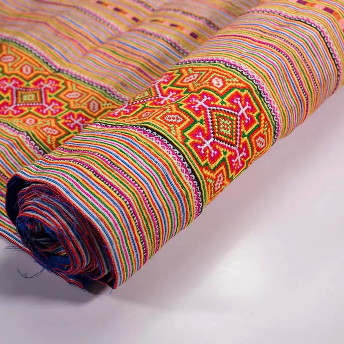 Vindigo orange striped cotton tribal embroidered fabric roll side angle