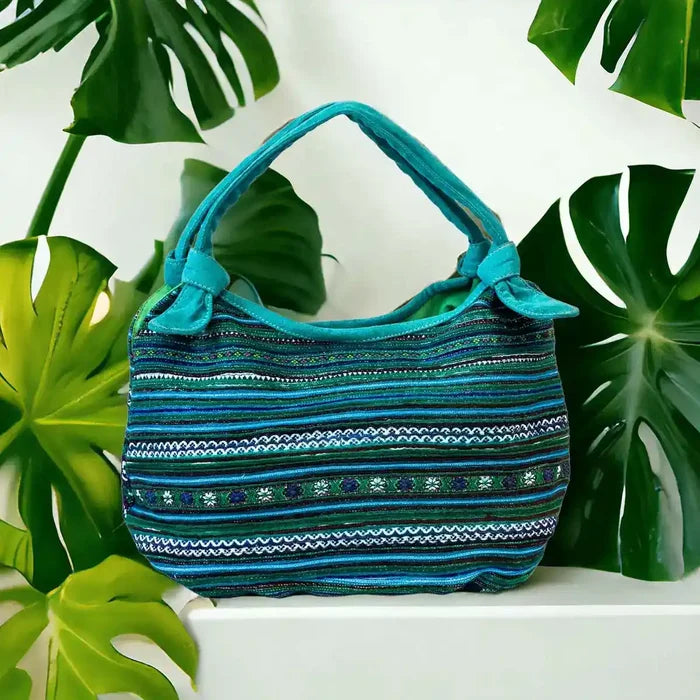 Vindigo handbag teal embroidered with green lining front view